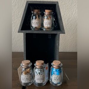 Target Bullseye Mini Glass Potion Bottles Set - of 5 with 2 duplicates & Holder